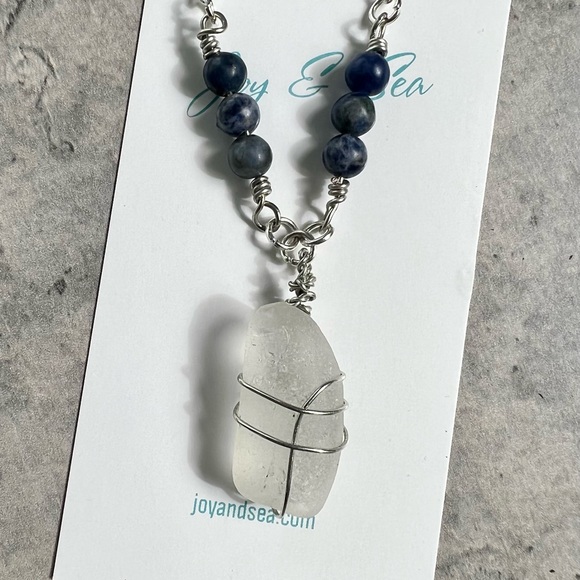 Seaglass + Sodalite Crystal Chain Handmade Necklace - Picture 6 of 7